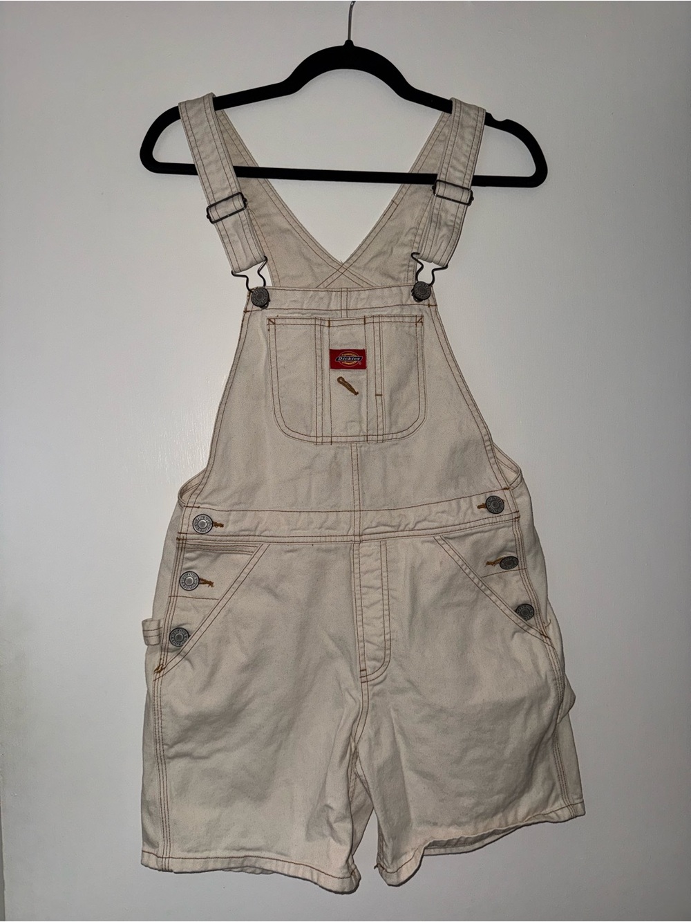 Dickies Cream Canvas Bib Overalls with Red Logo Patch